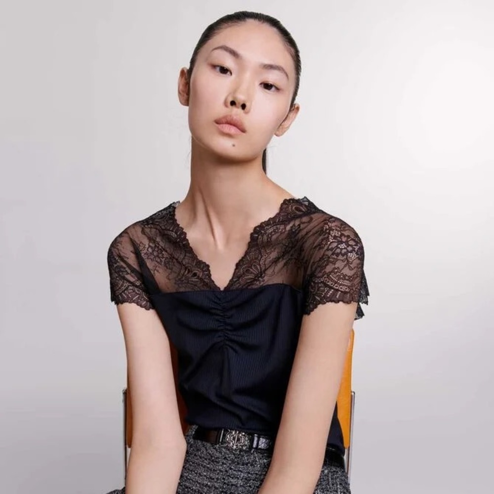 NWT Maje JERSEY TOP WITH LACE TRIM